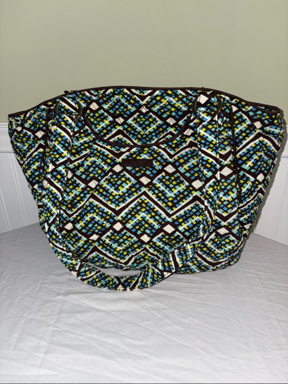 Vera Bradley Glenna Shoulder Tote Bag Rain Forest Green Blue Brown EUC